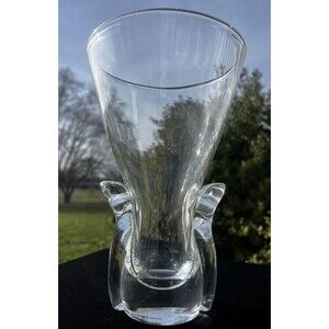 Steuben Art Glass Clear Crystal Flower Vase Lloyd Atkins Lyre Signed Vintage MCM